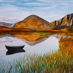 Autumn Norway original watercolor painting Lofoten Islands landscape mountains wild nordic nature artwork boat wall art