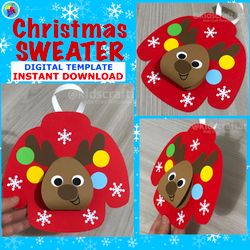 Printable Christmas Deer Ugly Sweater Card Paper Garland for Kids Winter Door Decor Craft Kindergarten Card Classroom