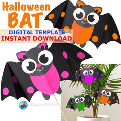 Printable Halloween Bat Craft for Kids Fall Autumn October Animal Craft Kindergarten Toddler Classroom Party Decoration