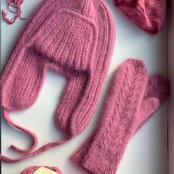Warm Earflaps Hat & Mittens Set, Hand-knitted Winter angora Hat and Mittens