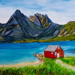 Lofoten Islands original watercolor painting Rorbu house fishing village Norway landscape nordic wild nature artwork