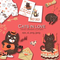 Valentines Day cats hand drawn set, Funny fat CATS in LOVE,  sporty, lazy, flying, musical cats, couple cats, VECTOR