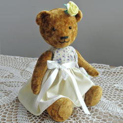 Yellow Teddy Bear in a dress, Artist doll bear, Stuffed toy Handmade jointed ooak bear, Gift for a girl