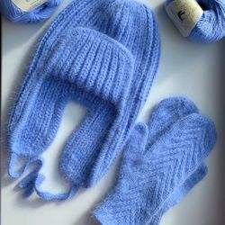 Warm hand-knitted Earflaps Hat & Mittens Set, Winter angora Hat and Mittens