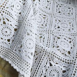 White lace crochet baby blanket, Christening blanket for baby, Cotton knitted blanket for newborn, Pram blanket