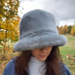 Gray faux mink fur bucket hat. Fashion fluffy hat for women. Cute winter bucket hat. Winter furry hat. Fuzzy gray hat.