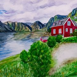 Sognefjord original watercolor painting Norway wild nature wall art fjord artwork fishing village scandinavian landscape
