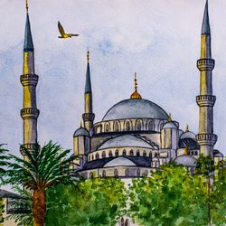 Blue Mosque original watercolor painting Sultan Ahmed mosque painting Istanbul artwork Turkey architecture wall art