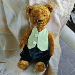 Brown Teddy Bear in Clothes, Artist ooak bear, Stuffed bear handmade, Classic plush bear, Jointed dressed bear