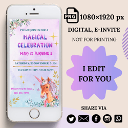 Unicorn digital Invitation, Girls birthday Invitation, Unicorn invitation, Evites, Girls electronic invitation, Invite