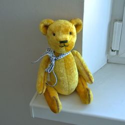 Yellow Teddy Bear, Classic Vintage plush Artist Retro Collectible Stuffed vintage style Sawdust OOAK jointed animal toy