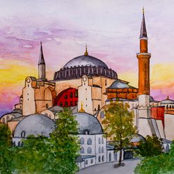 Hagia Sophia mosque original watercolor painting Istanbul cityscape artwork Turkey architecture wall art