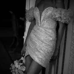shiny short wedding dress with short sleeves. stylish design reception dress mini peony