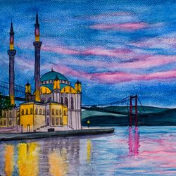 Ortakoy Mosque original watercolor painting Istanbul cityscape Bosphorus bridge artwork Turkey architecture wall art