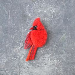 Cardinal bird brooch for women Handmade needle felted red bird jewelry for girl Wool bird replica pin