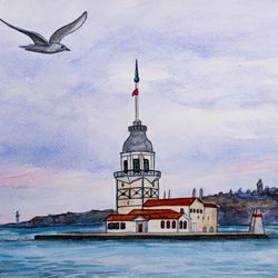 Maiden's Tower original watercolor painting Istanbul cityscape Turkey architecture old city artwork seascape wall art