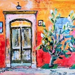 Mexican Artwork Original Oil Painting Mexican House Original Art Red House Architecture Art Cityscape Painting 11" x 14"
