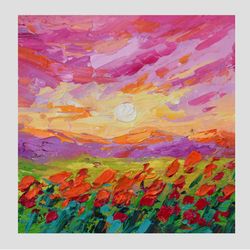 Tuscany art Sunset painting Poppy original art landscape artwork 6 by 6 in Mountain small art by Juliya JC