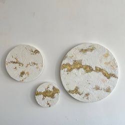Set of 3 white textured round canvas with gold, abstract circle painting artwork, minimal painting wall art