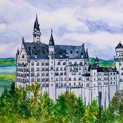 Neuschwanstein Castle original watercolor painting Bavaria wall art Germany architecture artwork