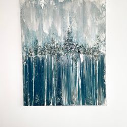 Original fine art  on canvas, blue Textured art in livingroom, mixed media wall art with glass, hand painted