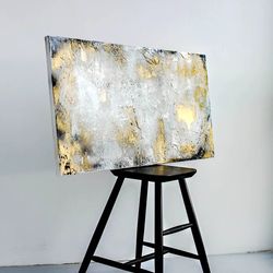 minimalist art work in loft style, golden metallic painting decor, oversized white textured art in hallway