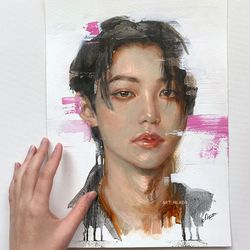 Original small oil painting Asian Korean boy Kpop idol