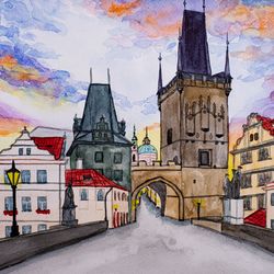 Prague cityscape original watercolor painting Charles Bridge Czech architecture Prague street wall art sunset artwork