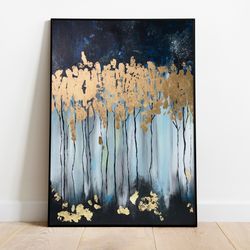 Abstract forest wall art painting on canvas, golden&blue art work