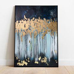 abstract forest wall art painting on canvas, golden&blue art work