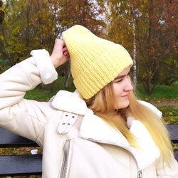 Winter yellow womens hand-knitted hat