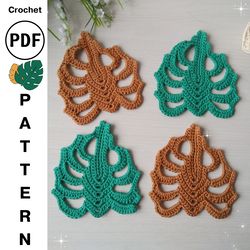Crochet Pattern Leaf Monstera, Crochet Coasters Leaves, DIY decor