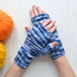 Blue Wool Finger less Gloves for women, handmade, hand knitted, wool arm warmers