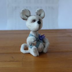 Little white teddy mouse in a vest. Stuffed teddy mouse. Teddy friends. Collectible teddy mouse. Cute handmade mouse