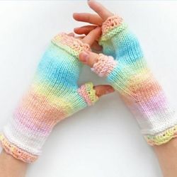 Colorful Wool Finger less Gloves for women with lace edge, handmade, hand knitted, wool arm warmers