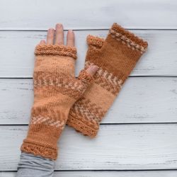 Brown Long Wool Finger less Gloves for women with lace edge, handmade, hand knitted, wool arm warmers