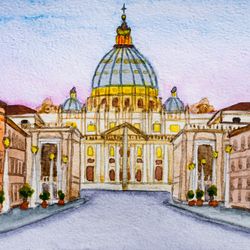 St. Peter's Basilica original watercolor painting Vatican artwork Rome cityscape Italian architecture wall art