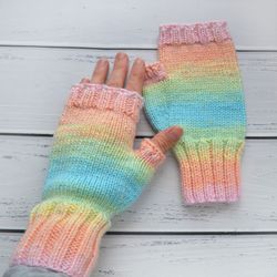 Colorful Wool Finger less Gloves for women, handmade, hand knitted, wool arm warmers