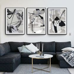Grey Abstract Print Set Of 3 Prints Abstract Painting Home Wall Art Triptych Digital Download Black Gray Art Large Print