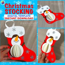 Printable Christmas Stocking Snowman Craft for Kids Winter Door Decor Craft Kindergarten Classroom Party Hanging Decorat