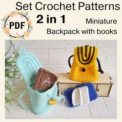 Crochet Pattern School Backpack with Books, mini backpack pattern