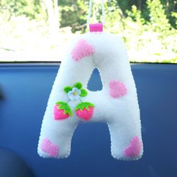 Initial ornament, Strawberry cow, Cow print, Letter ornament, Car accessories for teens, Car mirror hanging accessories