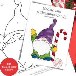 Stained Glass Pattern Suncatcher Gnome with a Christmas Candy - Digital Download PDF