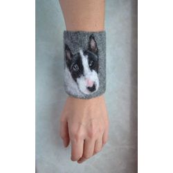 Personalized dog portrait from photo Felted wool wrist cuff Custom women wristband Cover arm warmers Pet replica