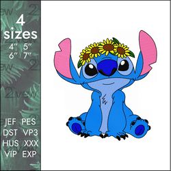 Stitch Embroidery Design, Lilo sunflowers, cute childrens cartoon, 4 sizes