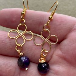 celtic knot earrings amethyst beads gold enameled wire wrapped