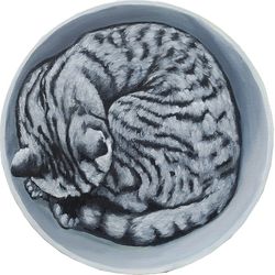 grey cat painting, original art, animal painting, cat artwork, round canvas d. 12 inch.