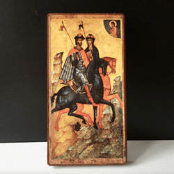 The first Russian saints Boris and Gleb | Icon print mounted on wood | Size: 21 x 11 x 2 cm