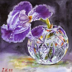 Iris in a crystal vase. Original watercolor painting 8x8''