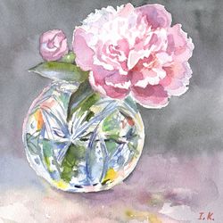 Peony in a crystal vase. Original watercolor painting 8x8''